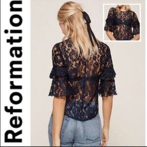 060. Reformation Navy Blue Marie Blouse Lace Bell Sleeve Sheer, Size Small